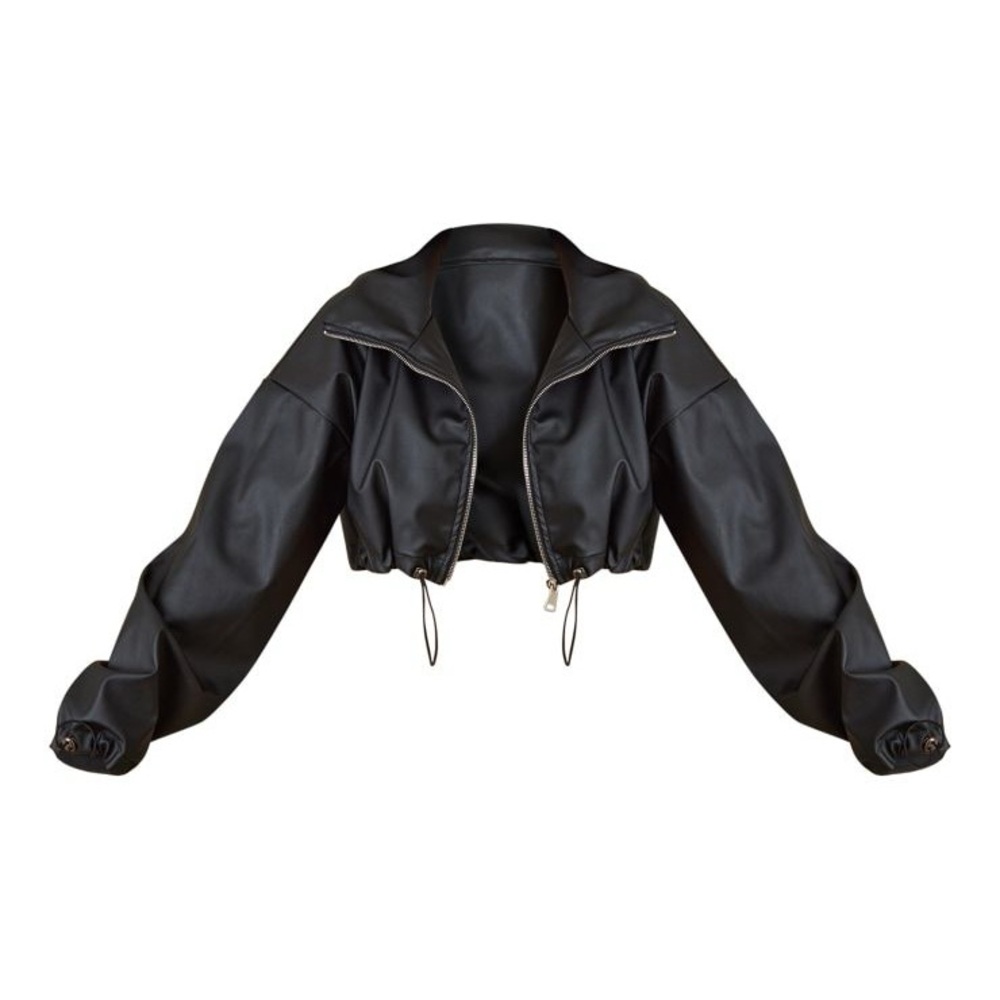 Black Basic Ruched Hem Cropped Faux Leather Jacket (NWT) XS